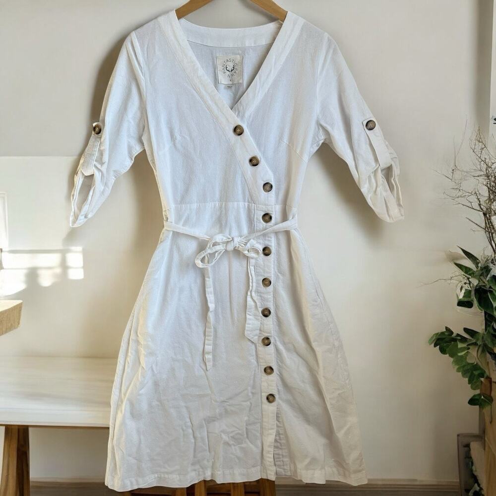 Fantastic Fawn Button Down Wrap Front Dress White Small 3/4 Sleeve Cottagecore